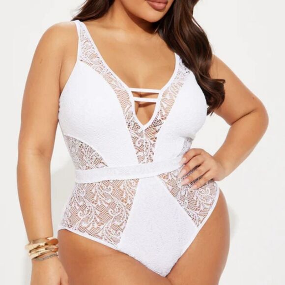 NWT Fashion Nova Brianne Lace Cutout One-Piece Swimsuit. White 1X - Picture 1 of 15